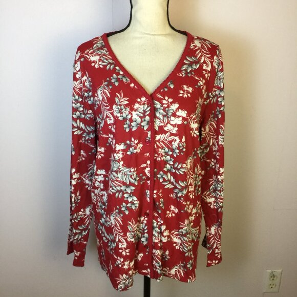 NWT Charter Club Pajama Top XL Womens Red Floral Long Sleeve Button Front V-neck - Picture 1 of 15